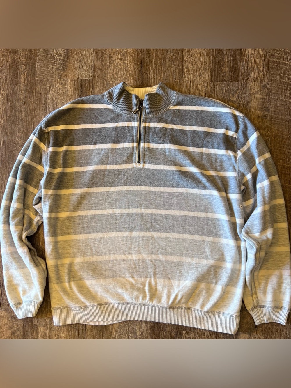 Tommy Bahama Gradient Gray and White Striped Half-Zip Sweater